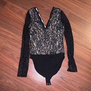 Black Beige Lace Bodysuit